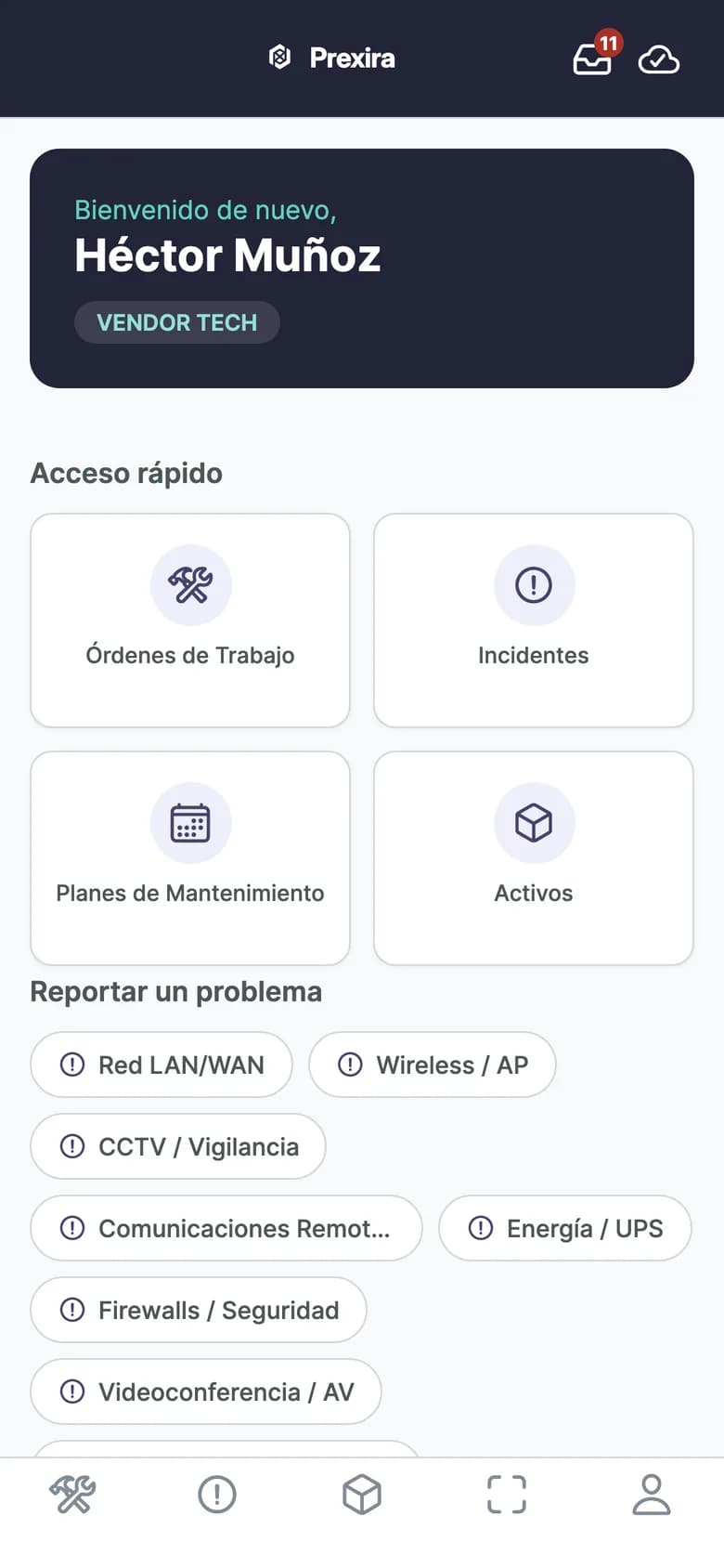 App móvel da Prexira: início do técnico com acesso rápido a ordens, incidentes e ativos