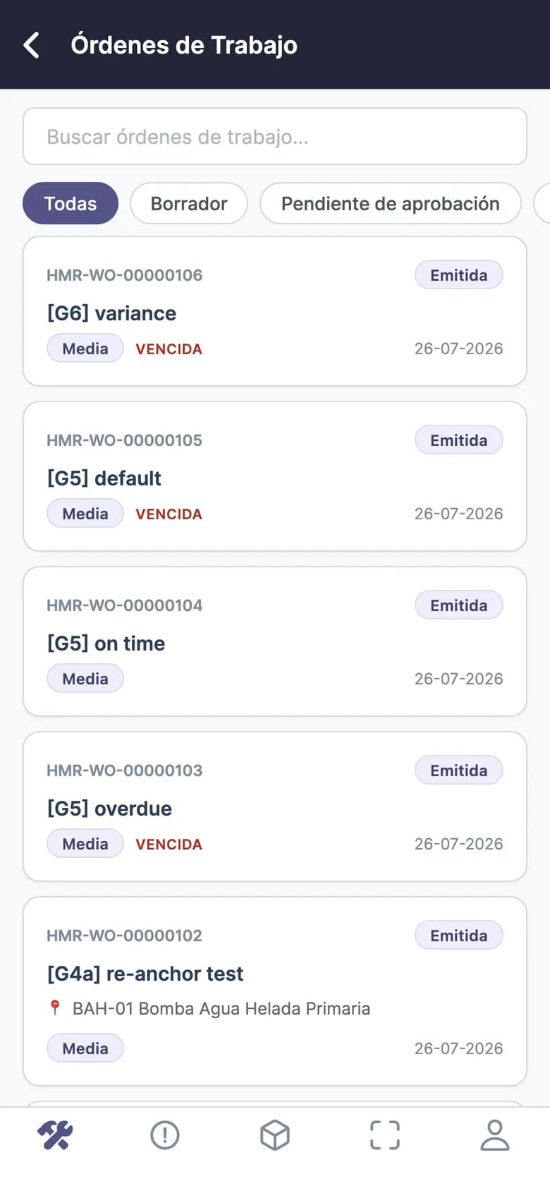 App móvel da Prexira: lista de ordens de serviço com status, prioridade e atrasadas