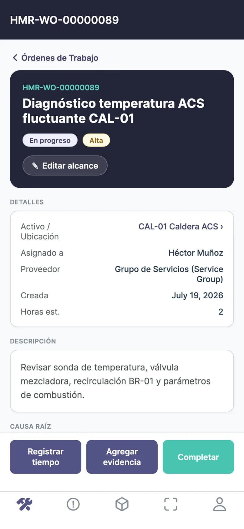App móvel da Prexira: detalhe da ordem de serviço com ações registrar tempo, adicionar evidência e concluir