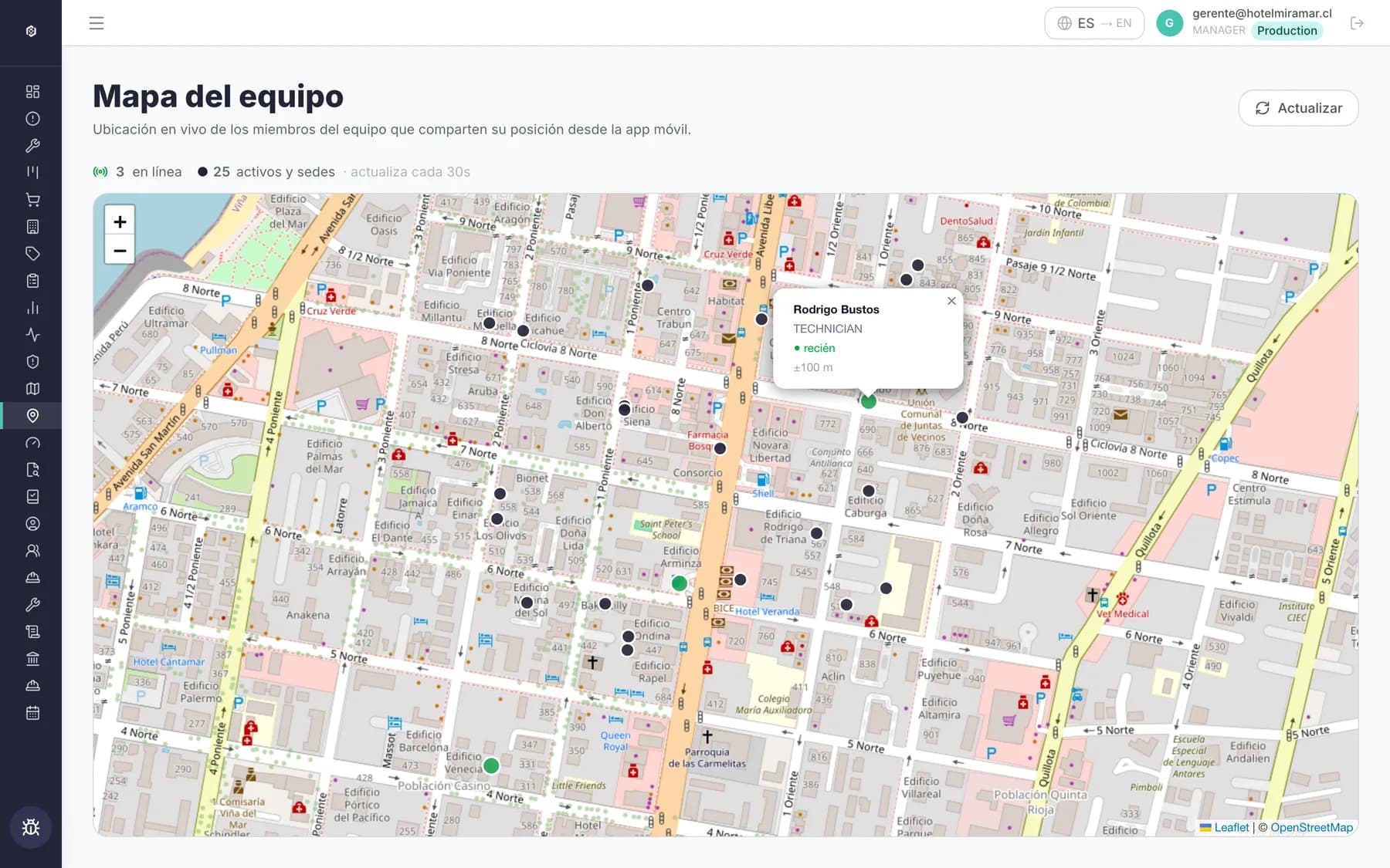 Mapa em tempo real da Prexira: técnicos por GPS e ativos geolocalizados, com detalhe do técnico em campo