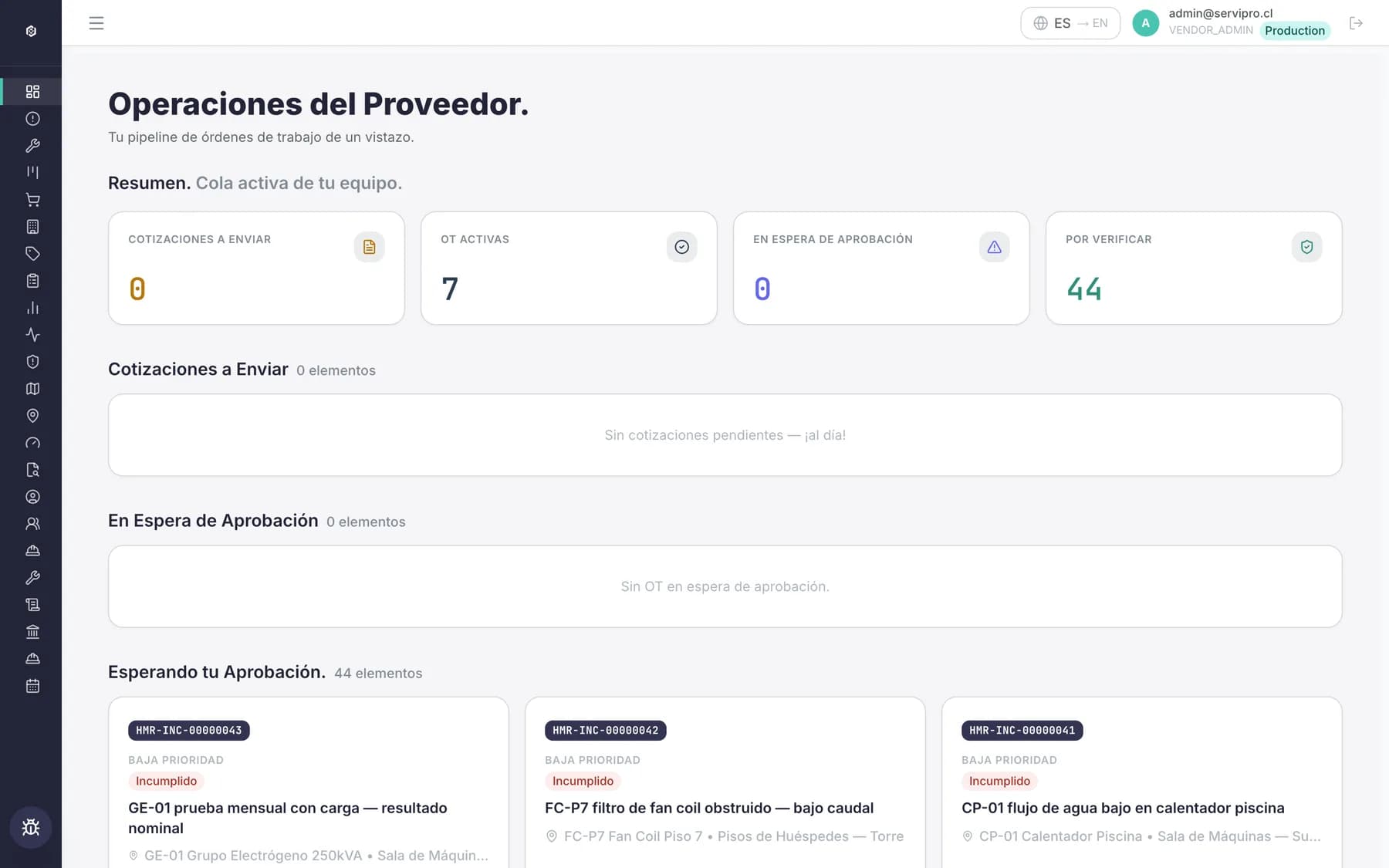 Panel de operaciones de Prexira: cotizaciones, órdenes de trabajo activas y aprobaciones