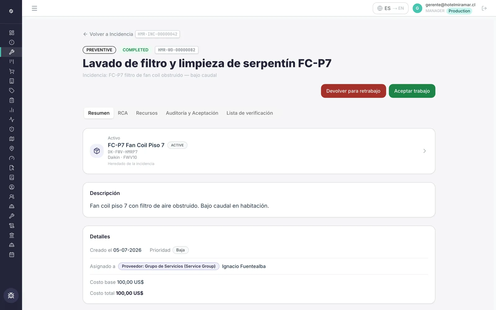 Aceptación de trabajo con retrabajo