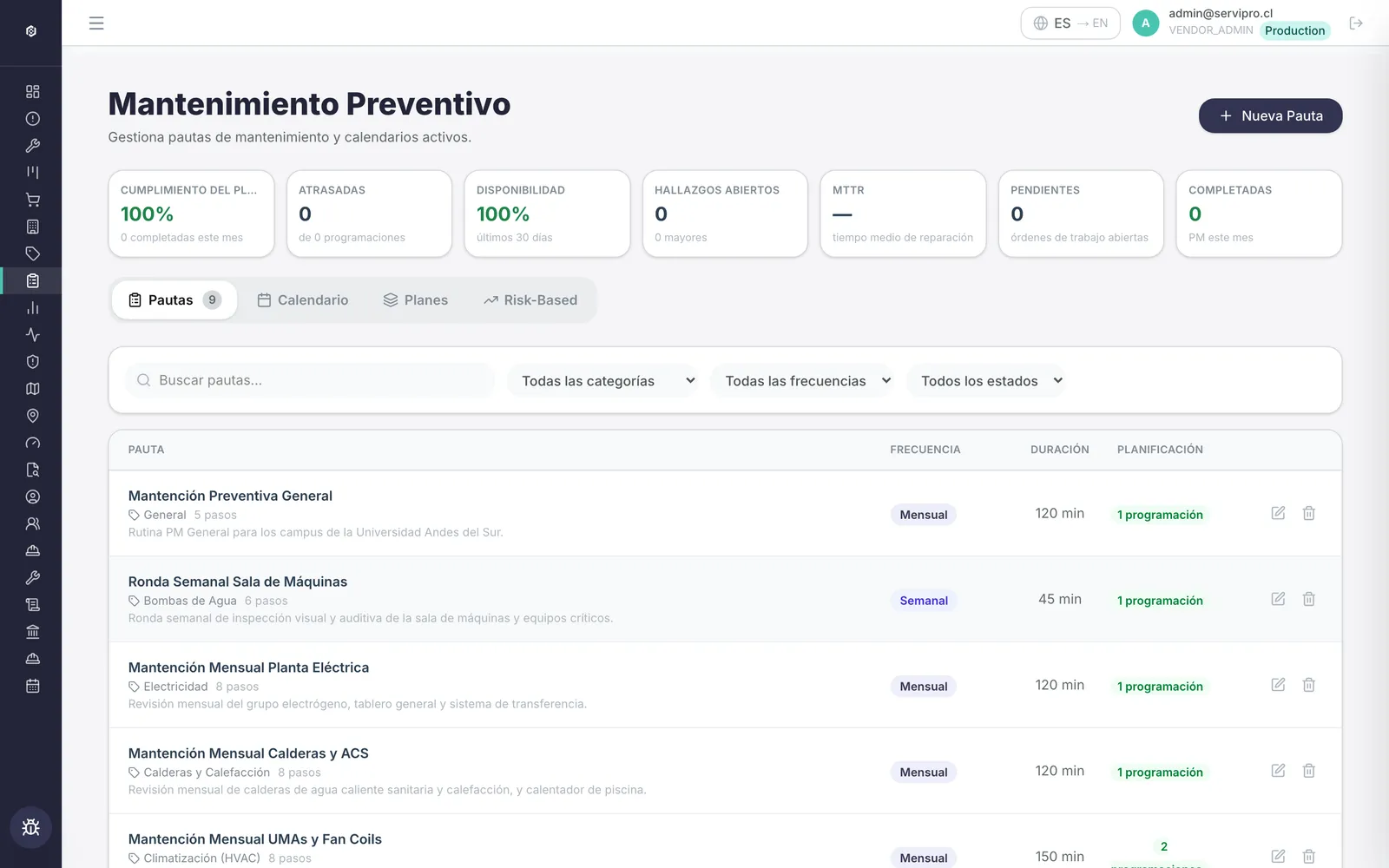 Mantenimiento preventivo del proveedor