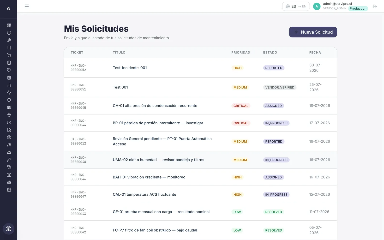Solicitudes de mantenimiento
