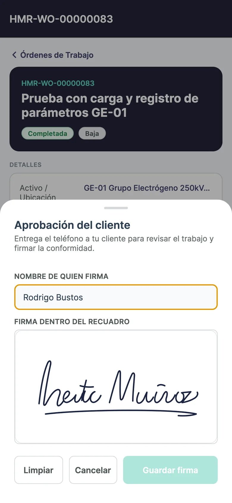Prexira mobile app — client signs acceptance on the technician's phone