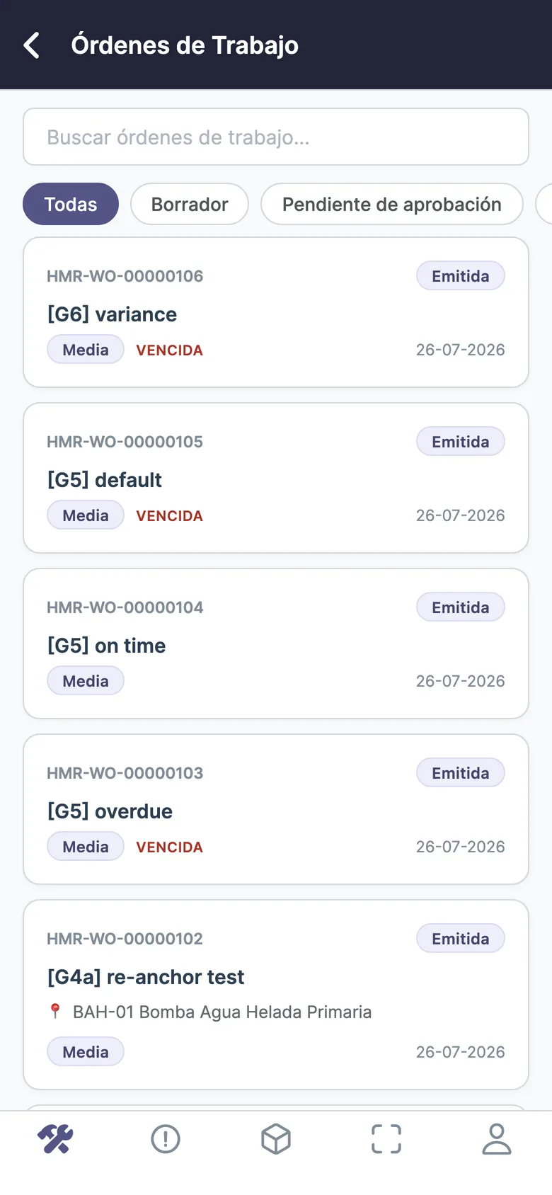 Prexira mobile app — work order list