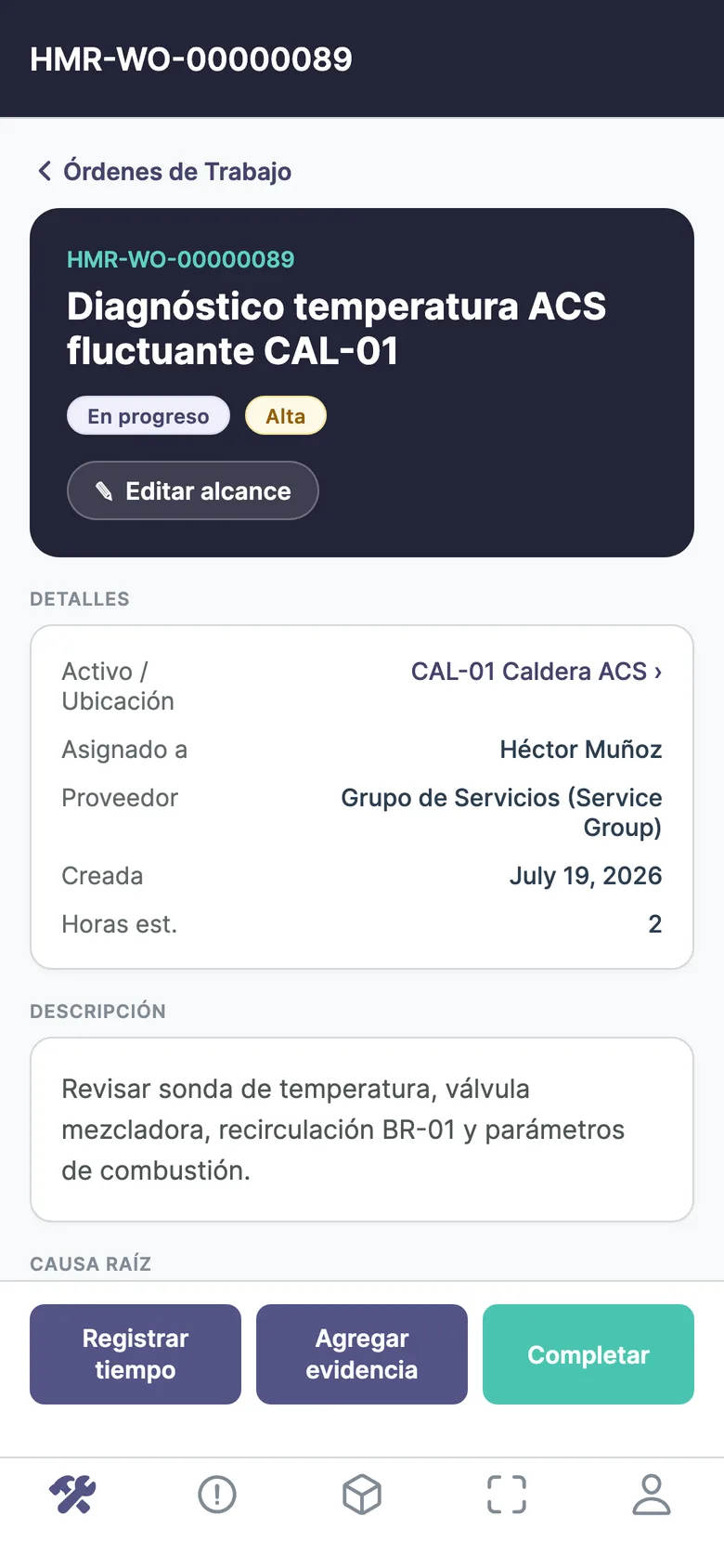 Prexira mobile app — work order detail with field actions